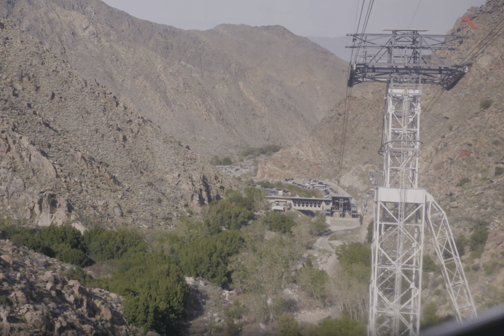 Palm Springs Aerial Tramway rising through a desert canyon