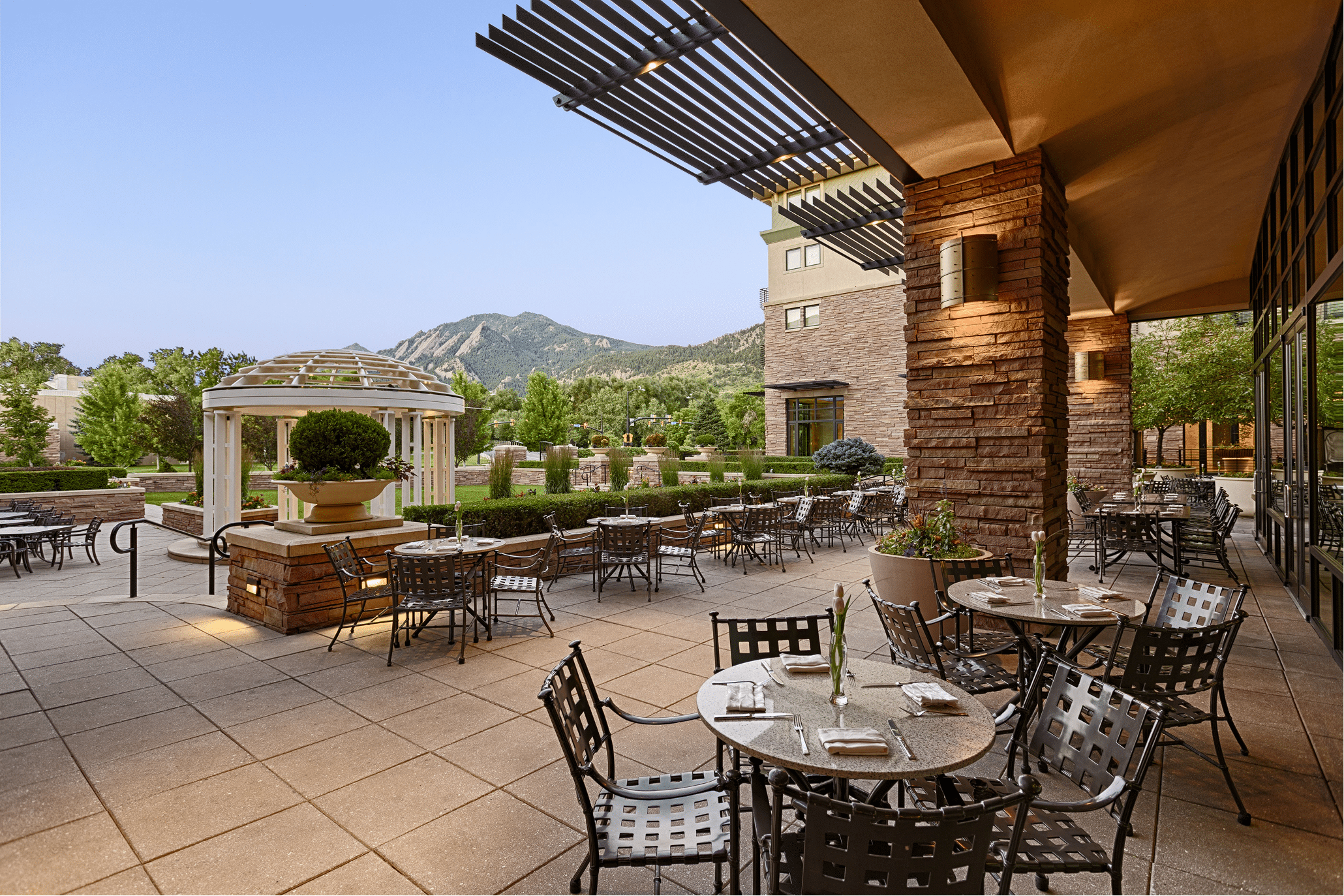 Terrace at St Julien Hotel and Spa with Flatirons views