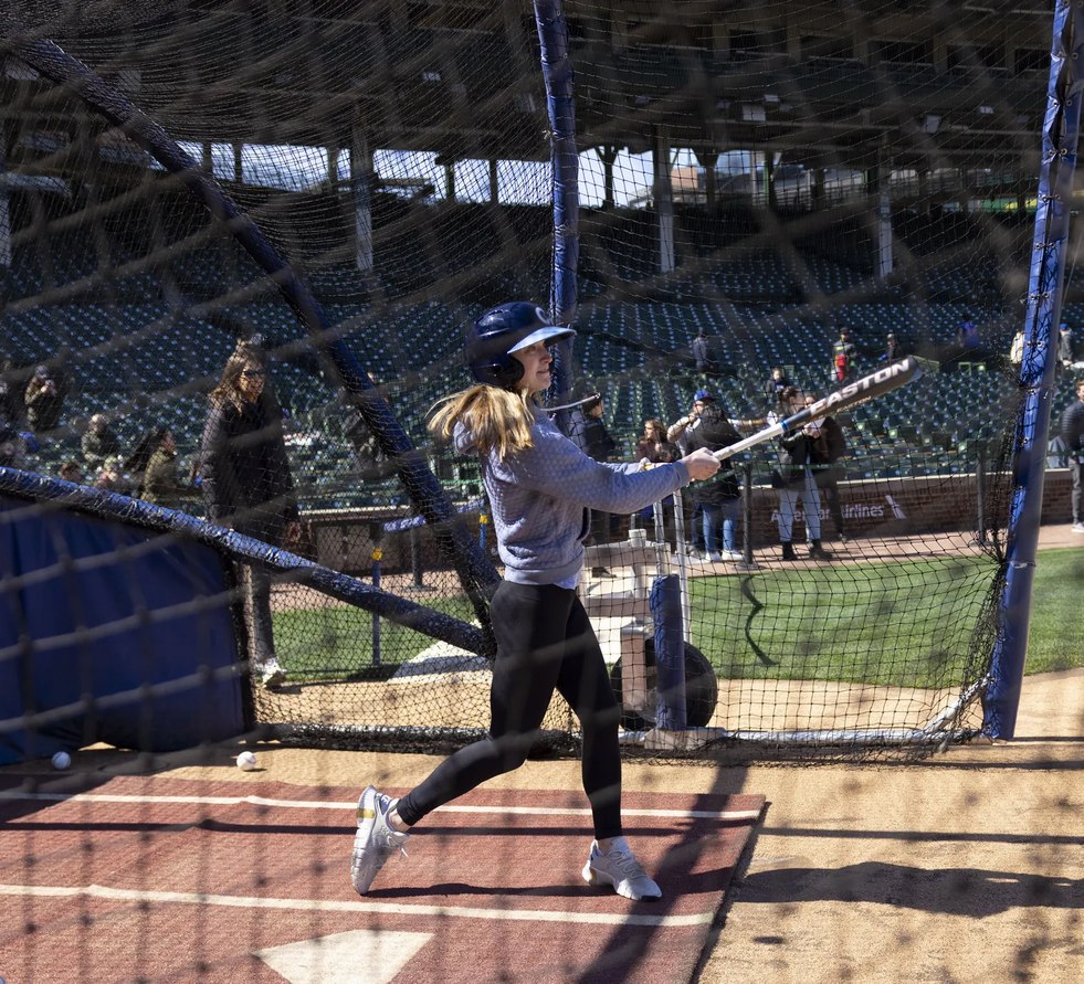 Batting practice in the cage at Wrigley Field