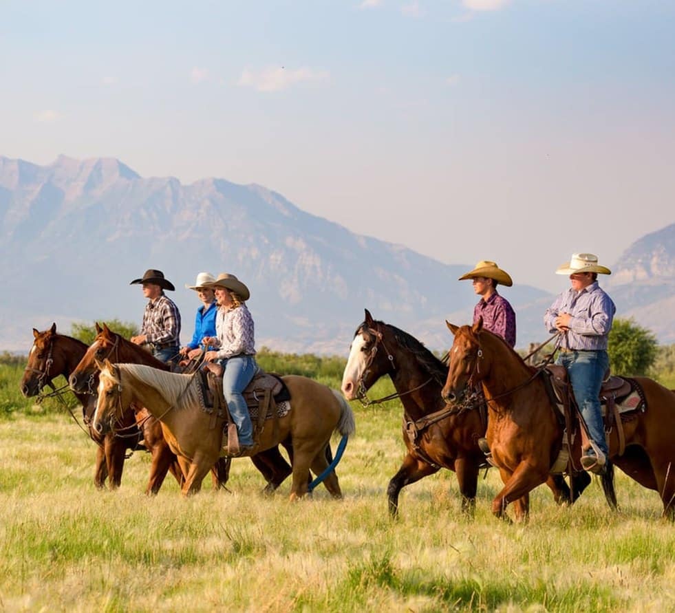 Group horseback ride below the Wasatch Mountains in Utah