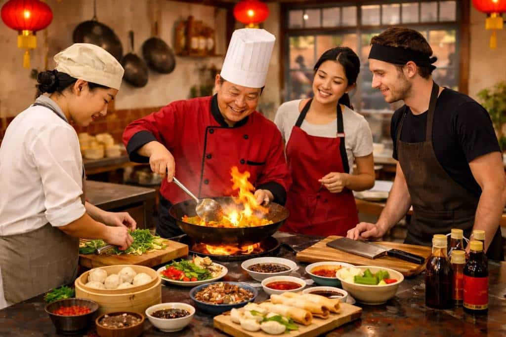 Team cooking with a chef over a flaming wok in Hong Kong