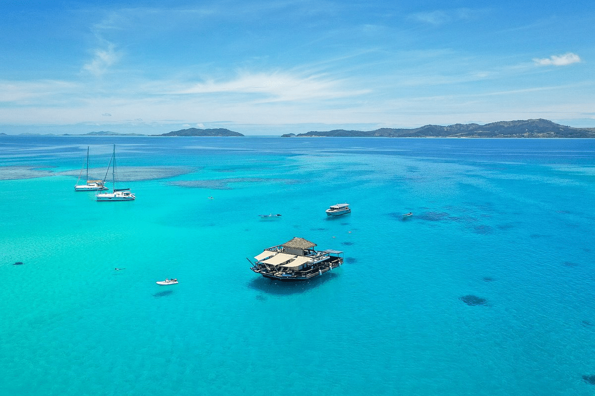 Cloud 9 floating bar in the turquoise Mamanuca lagoon, Fiji