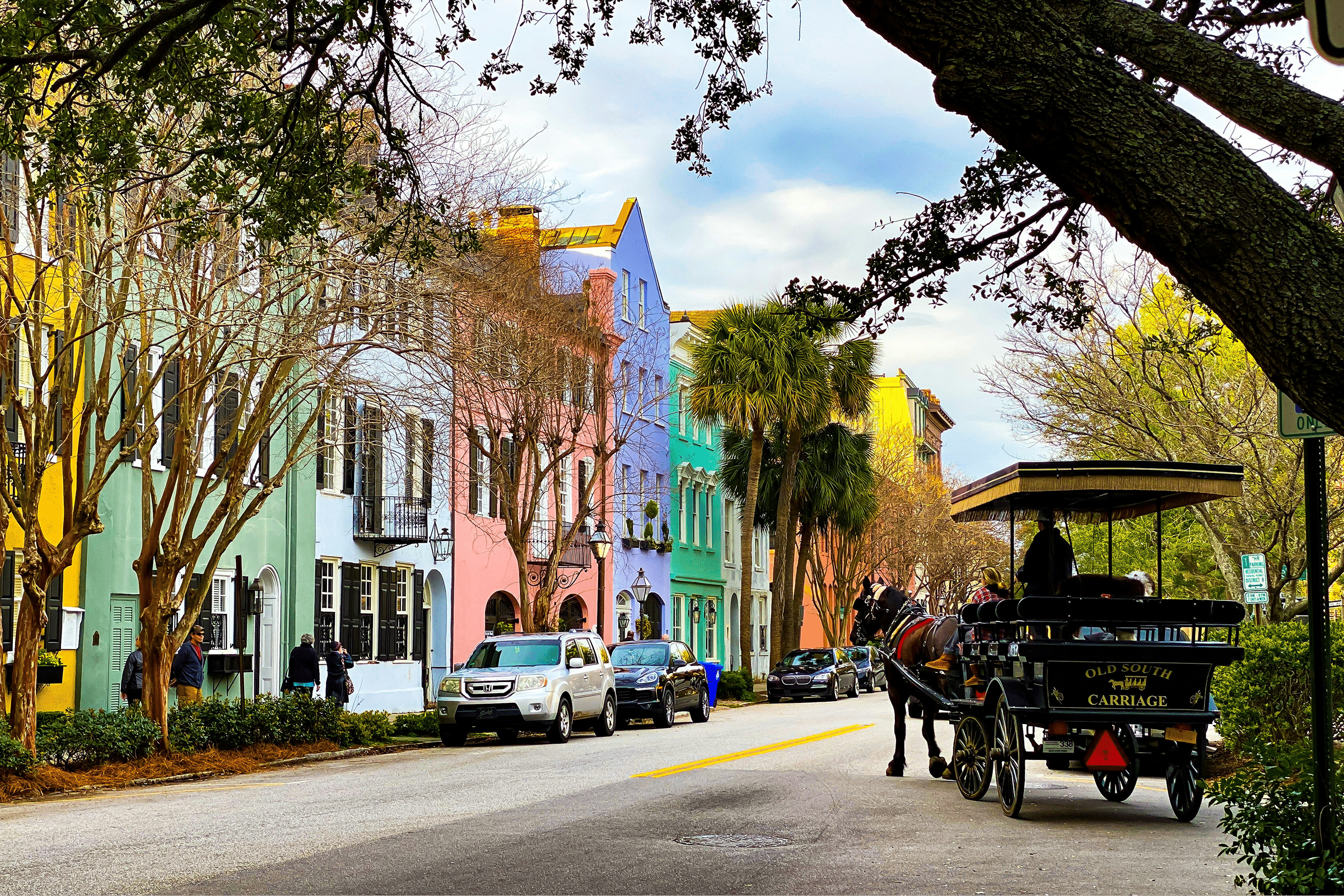 Historic downtown street with a horse-drawn carriage