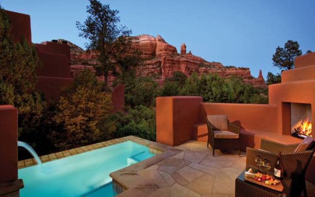 Private pool terrace facing Sedona's red rocks