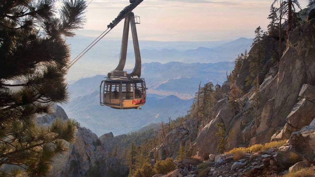 Palm Springs Aerial Tramway car above a rocky mountain canyon