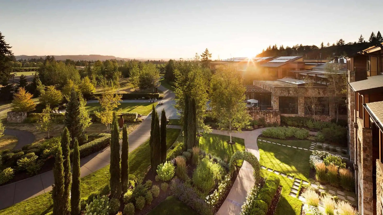 Gardens and lodge at sunset at The Allison Inn & Spa in Newberg