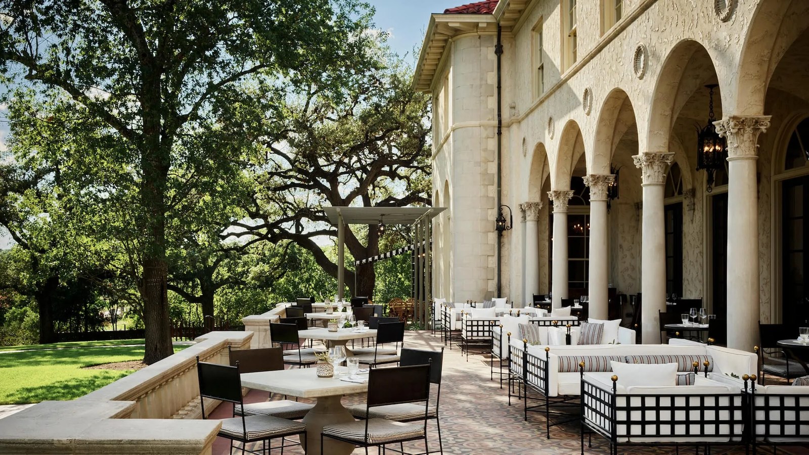 Terrace at Commodore Perry Estate under live oaks, Austin