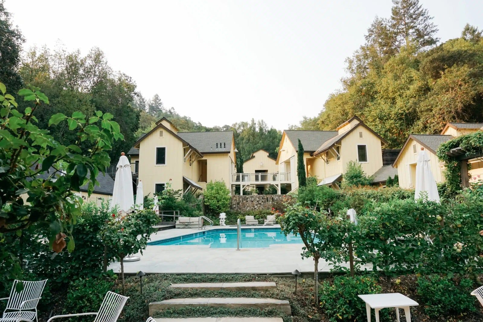 Guest cottages and pool at Farmhouse Inn in Forestville