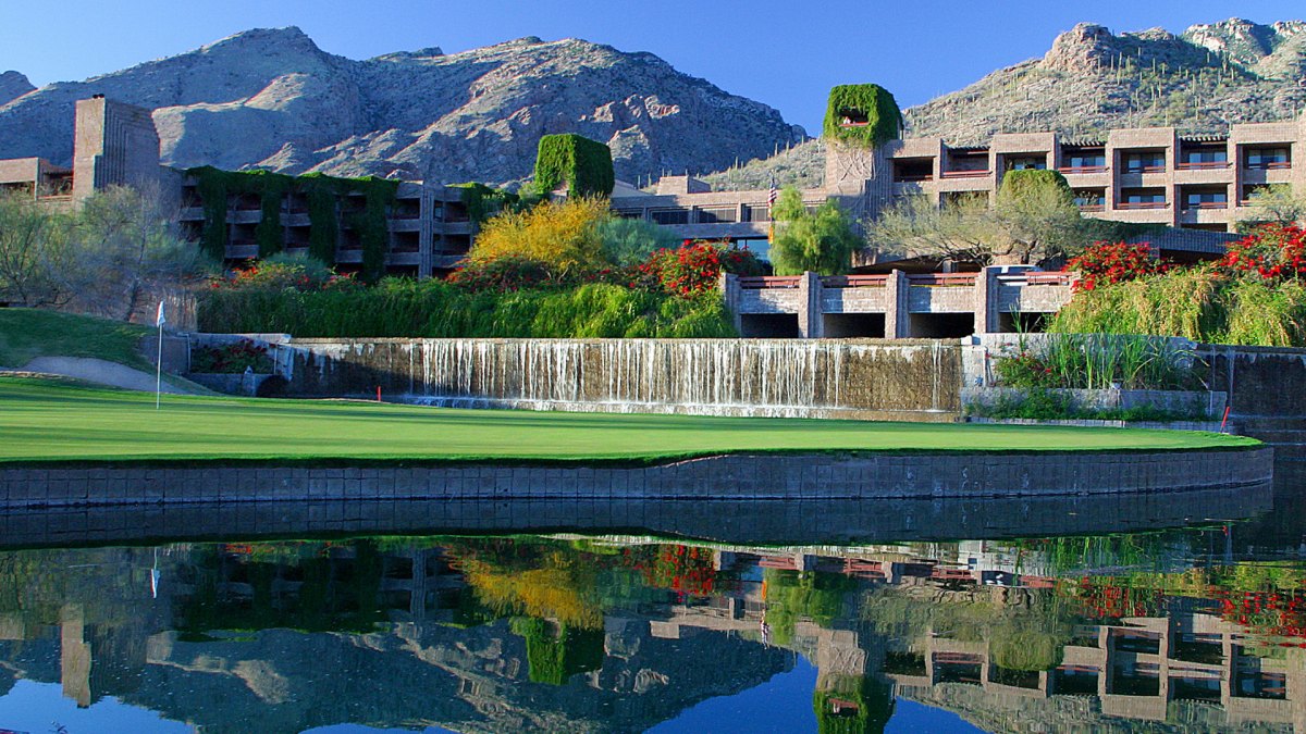 Loews Ventana Canyon Resort above its waterfall and golf green in the Catalina foothills