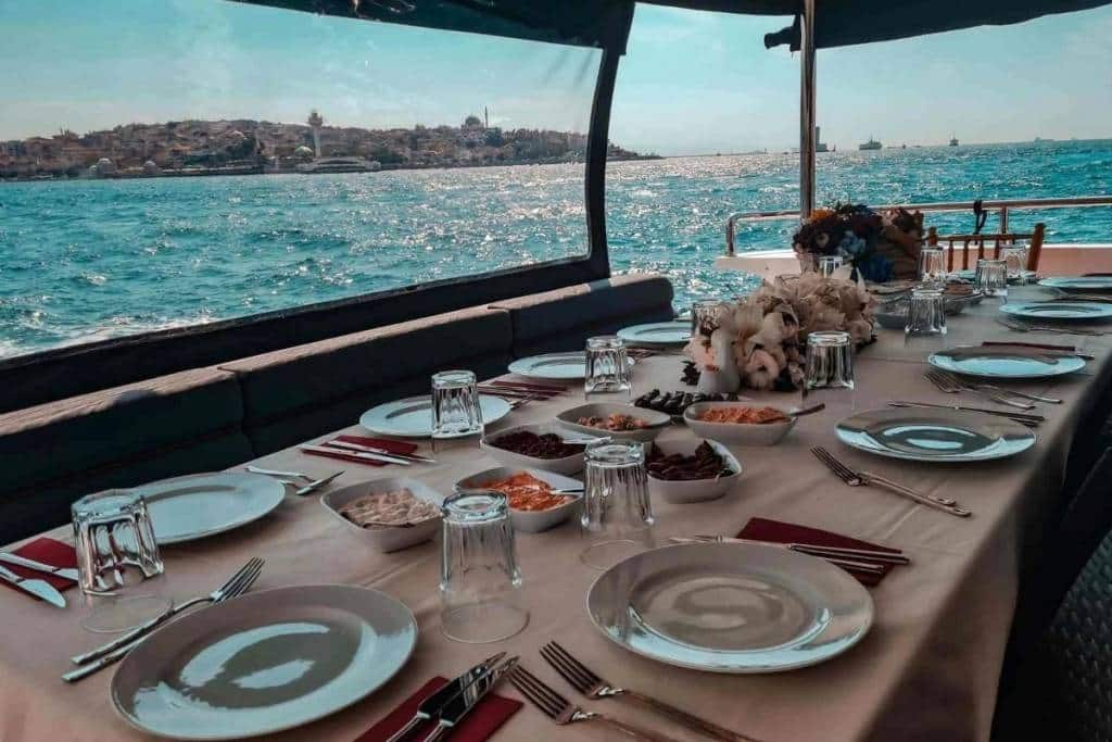 Dinner table set on a private yacht on the Bosphorus
