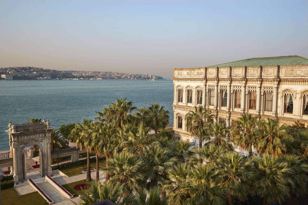 Çırağan Palace and its gardens on the Bosphorus at sunrise