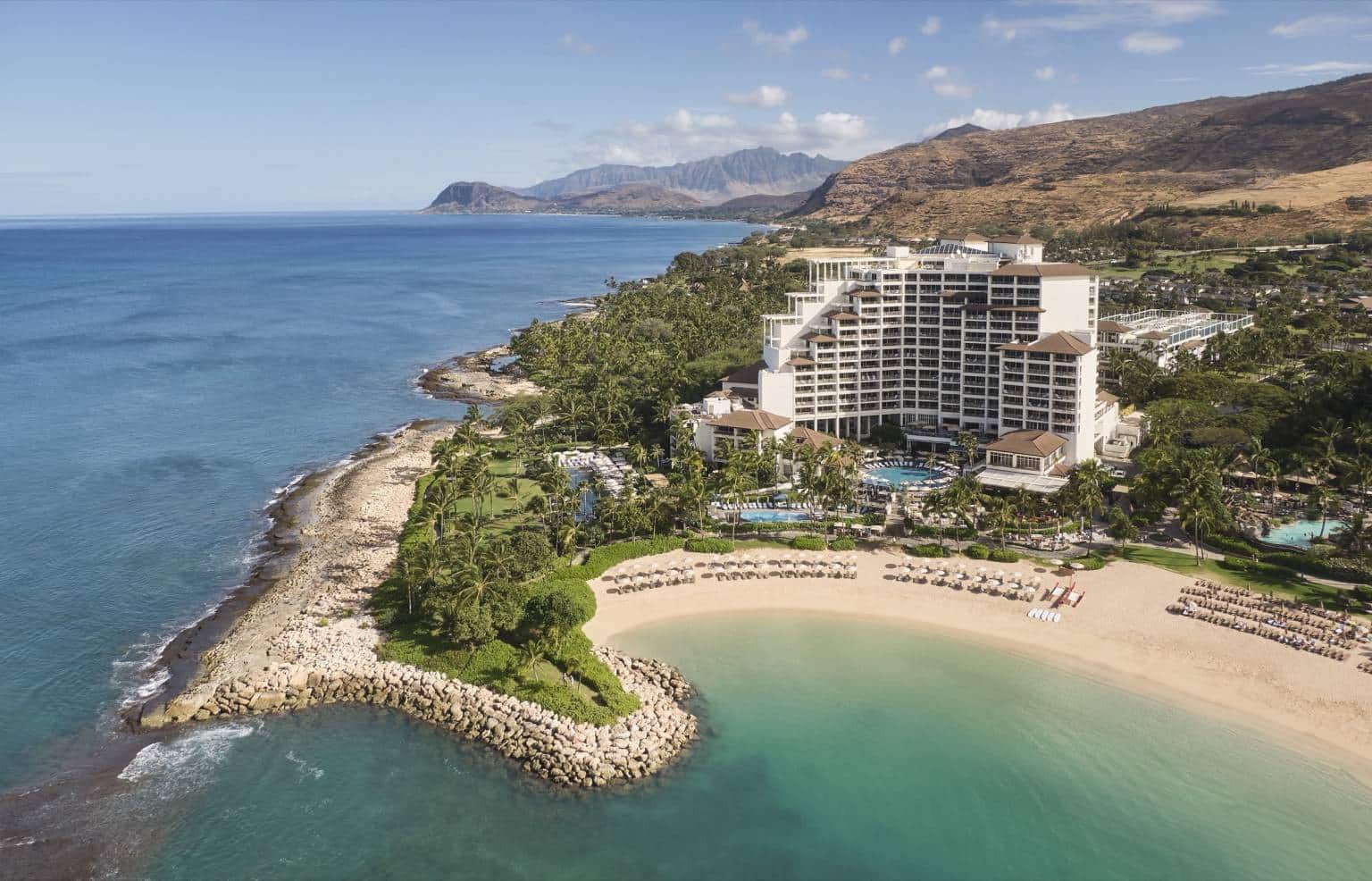 Aerial view of Four Seasons Resort Oʻahu at Ko Olina and its lagoon beach