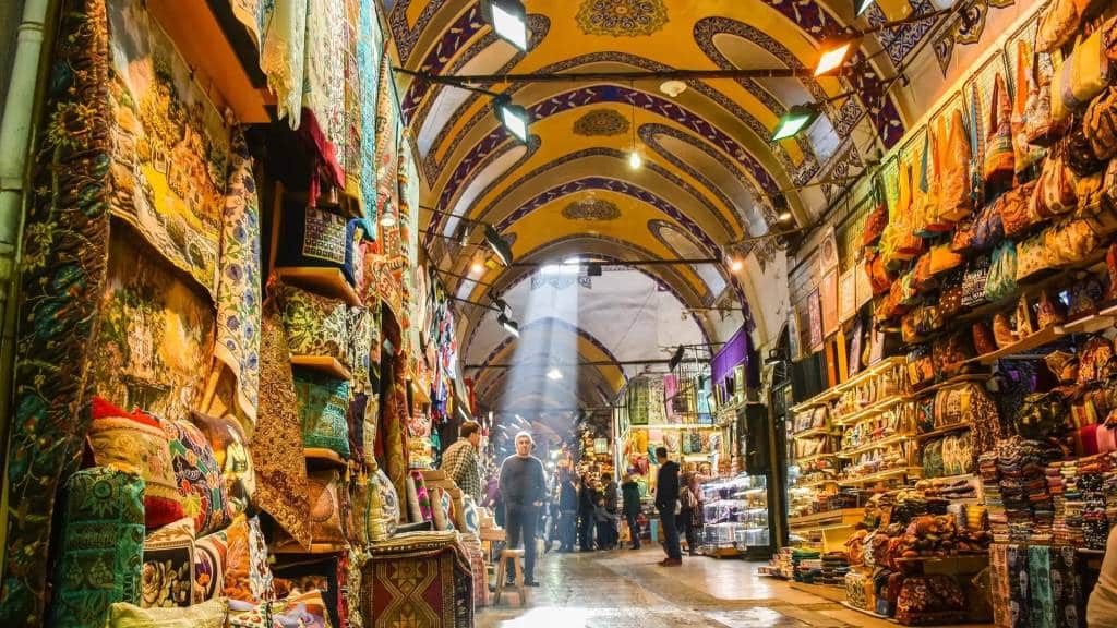 Painted vaulted ceiling and textile shops inside the Grand Bazaar